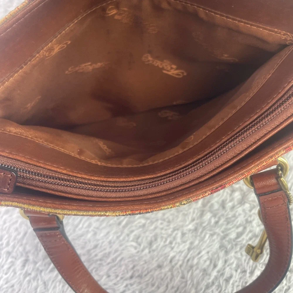 Fossil Satchel Bag Womens Medium Brown Vintage Kilim Tapestry Leather Trim
